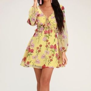Yellow Floral Print Long Sleeve Dress